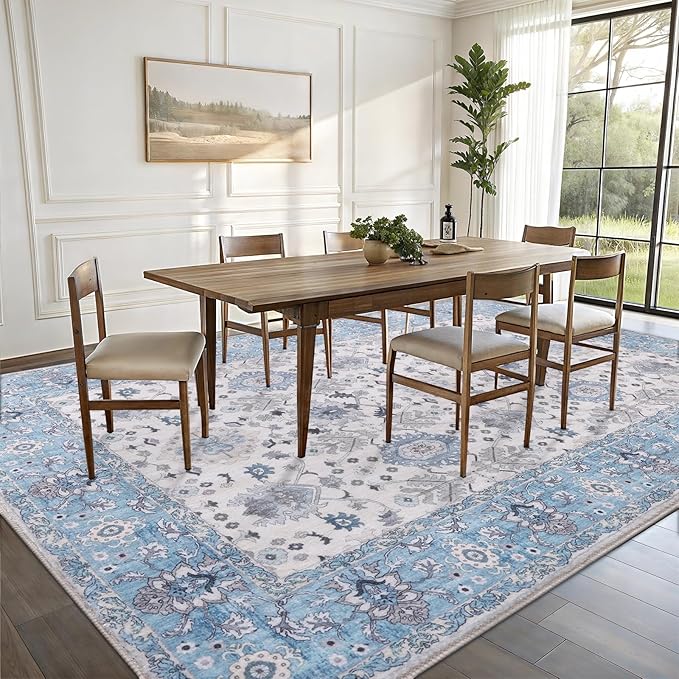 Vanmoos 4x6 Area Rug - Machine Washable, Non-Slip Soft Carpet for Living Room, Bedroom, Office, Dining Room - Durable Accent Rug for Farmhouse & High-Traffic Areas, Cozy Elegance/Blue