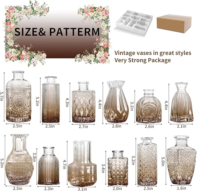 KUAGUINZUHE 12 Pcs Glass Bud Vase Set, Small Translucent Amber Vintage Flower Vases for Wedding Centerpieces in Bulk, Mini Embossed Vases for Home Table Decor, Party, Baby Shower Decorations
