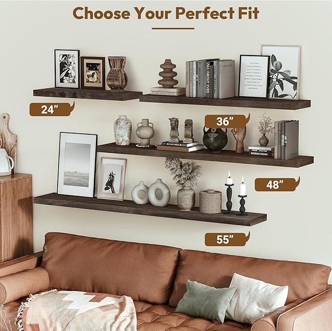 Vivelove Elm Wood Floating Shelves, Wooden Shelves For Wall With Invisible Bracket For Living Room Bedroom Bathroom Office Book, Rustic Farmhouse Decor Storage & Display, 48 Inch Set Of 1- Dark Walnut