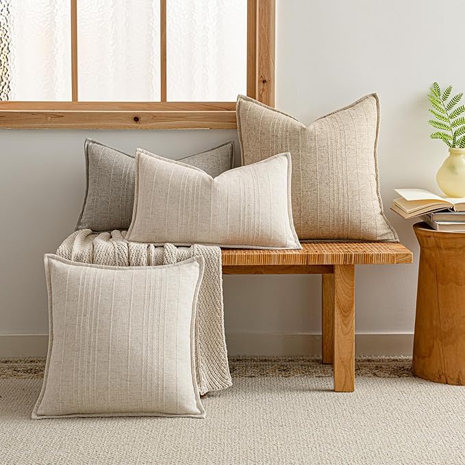 a moment Linen Pillow Covers Set of 2,Boho Farmhouse Throw Pillowcases Neutral Textured Decorative Covers for Couch Sofa, Linen Blend Accent Case Cushion Living Room Home Decor 22"x22" Beige Grey
