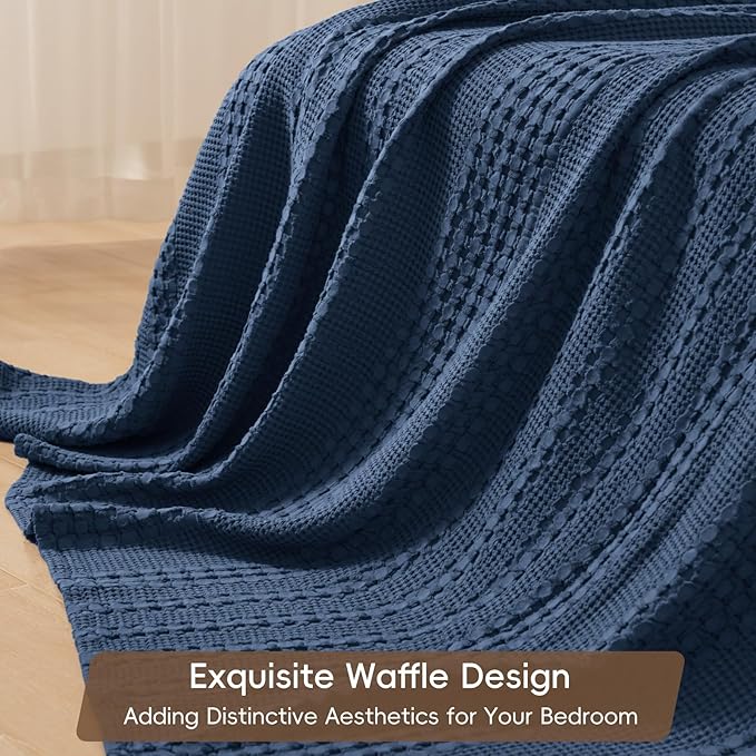 PHF 100% Cotton Waffle Weave Blanket Queen Size for Bed, Soft Lightweight & Breathable, All-Season Comfort, 300 GSM Luxury Aesthetic Blanket for Home Decor, 90"x90", Blue Sapphire