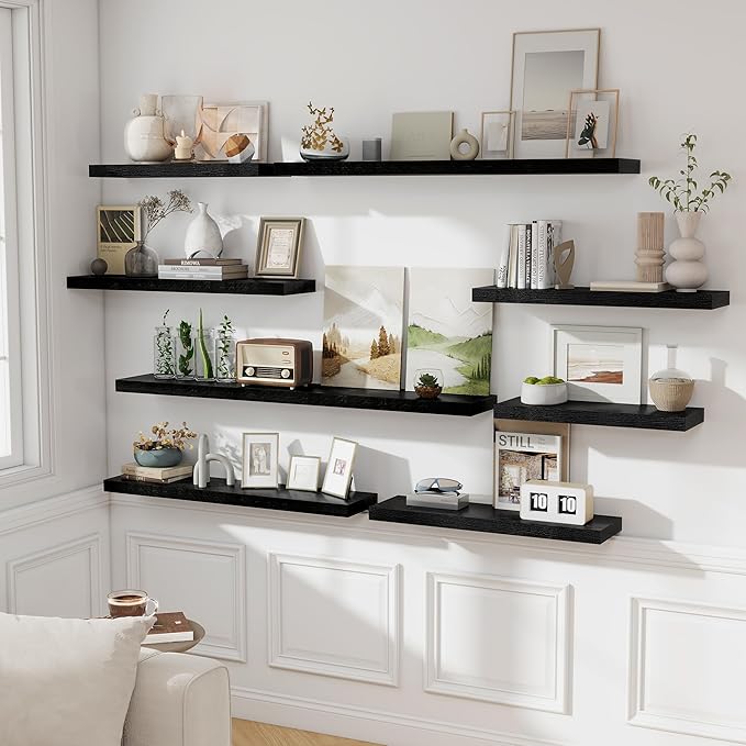 Fun Memories 40" Floating Shelves for Wall, 8 Inch Deep Floating Shelf for Books, Deep Bathroom Shelves Wall Mounted, Rustic Display Shelf for Kitchen, Bedroom, Living Room, Black Color, 2 Pack