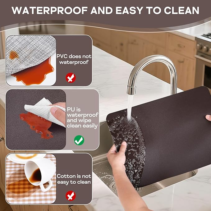 Faux Leather Placemats Set of 6, Vinyl Placemats Heat Resistant Place Mats, Waterproof Oil-Proof Wipeable Dining Table Mats and Coasters for Kitchen, Indoor, Outdoor (Coffee 16 x 12 inch)