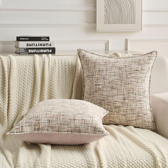 FUTEI Beige Brown Decorative Throw Pillow Covers 20x20 Inch Set of 2,Soft Chenille Tweed Textured Cushion Case,Modern Home Decor for Couch Bed Living Room