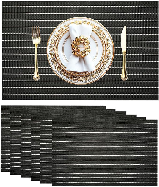 Placemats Set of 6 Vinyl Washable Placemats, 18"x12" Wipeable Heat-Resistant Non-Slip Easy Clean Table Mats Ideal for Dining Table Table Runner and Outdoor (6, Black White Stripe Black)
