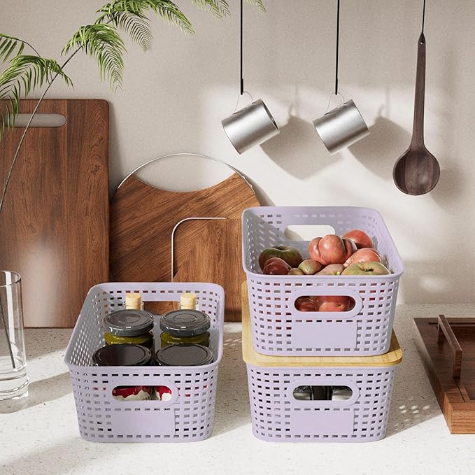 Plastic Storage Bins with Bamboo Lid - Stackable Pantry Storage Organizer with Lid - Storage Basket with Lable for Organizing: Small Storage Box for Shelves Cabinet Office Drawer Desktop 10x7x4in 6Pcs