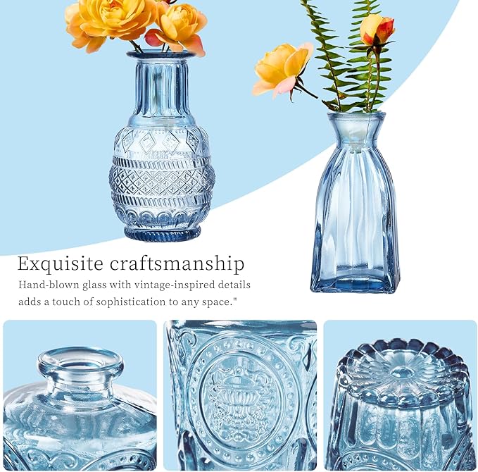 Glass Bud Vases Set of 32 - Blue Assorted Small Mini Glass Vases for Flowers, Crystal Vintage Vase Set, Bulk Centerpieces for Table Décor, Wedding, Home and Events (Blue, 32 Pcs)