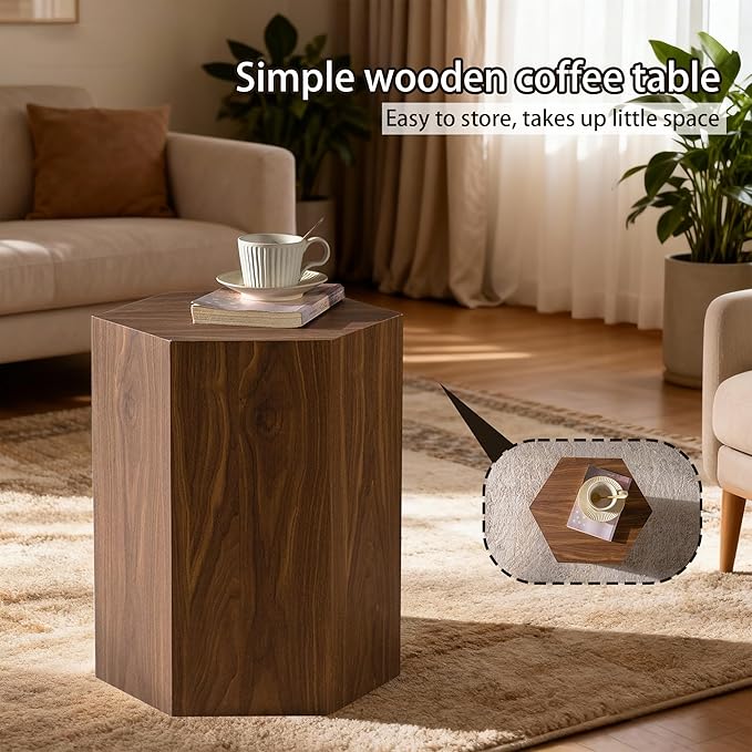 Modern Hexagonal Side Table, Walnut Wood MDF Coffee Table with Natural Texture, Non-Slip Surface, 15.7x13.8x18.9 Inches (Walnut)