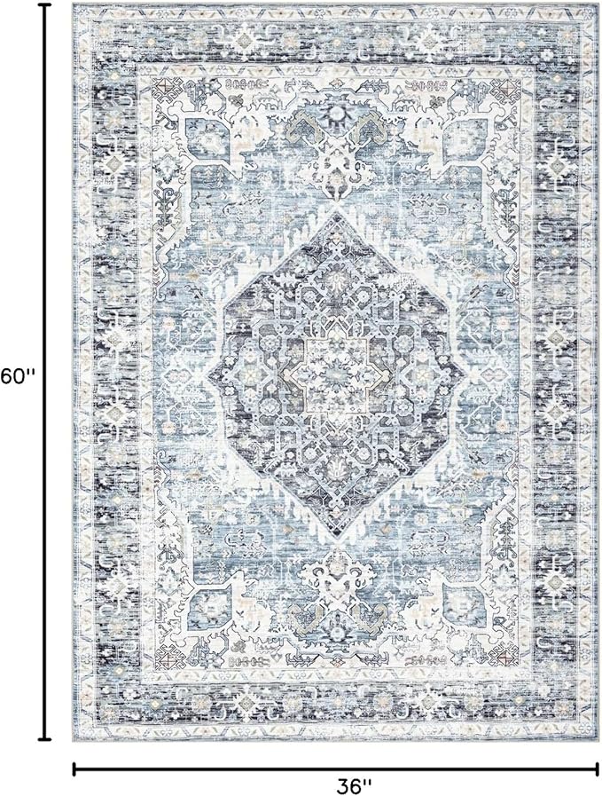 Domitapis Area Rug 3×5, Vintage Boho Rug,Ultra-Soft Low Pile, Washable, Non Slip,Stain Resistant Printed Carpet for Living Room Bedrooms Playroom Office Kitchen, Light Blue