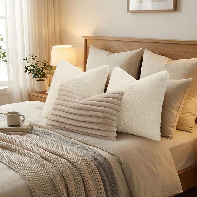 decorUhome Pack of 2 Throw Pillow Covers 24x24 Inch, Faux Fur Decorative Sherpa Pillow Covers Fuzzy Accent Soft Sheepskin Fleece Pillow Cases for Couch Living Room Bed, Neutral Cream