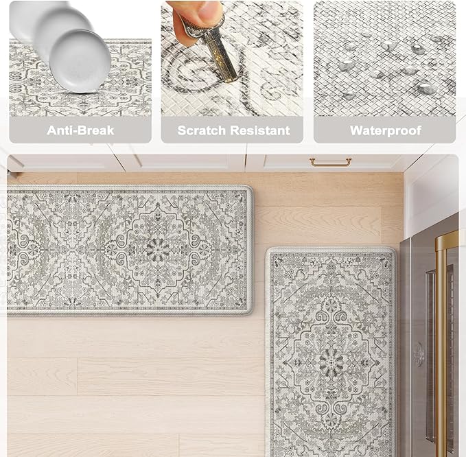 KIMODE Anti Fatigue Kitchen Mats, 2 PCS Cushioned Kitchen Rugs and Mats, Boho Kitchen Floor Mats Non Slip, Comfort Foam Standing Mat for Laundry, Office, Sink, Grey 17.3" x 59"+17.3" x 29"