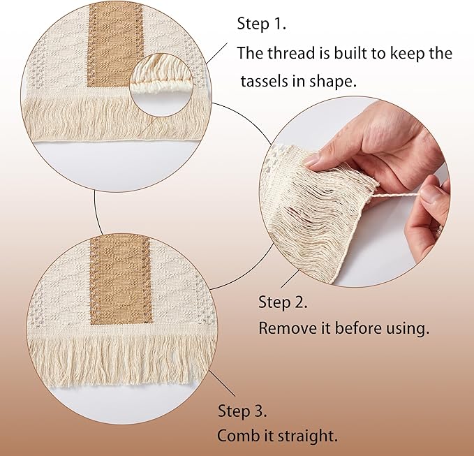 Denique Boho Placemats Set of 13 PCS - Handmade Grass Woven Meal Mats and Natural Cotton Linen Burlap, with 1 Macrame Burlap Table Runner 12x70inch, Table Mats Set for Dining Table Kitchen