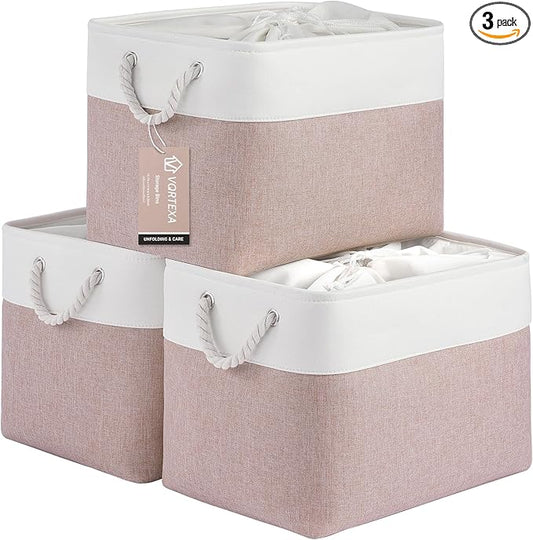Large Storage Baskets- 16x12x12 inch Storage Bins for Shelves and Closet Organizing, Foldable Fabric Bin for Home Organization Clothes and Laundry (3-Pack, White&Pink)