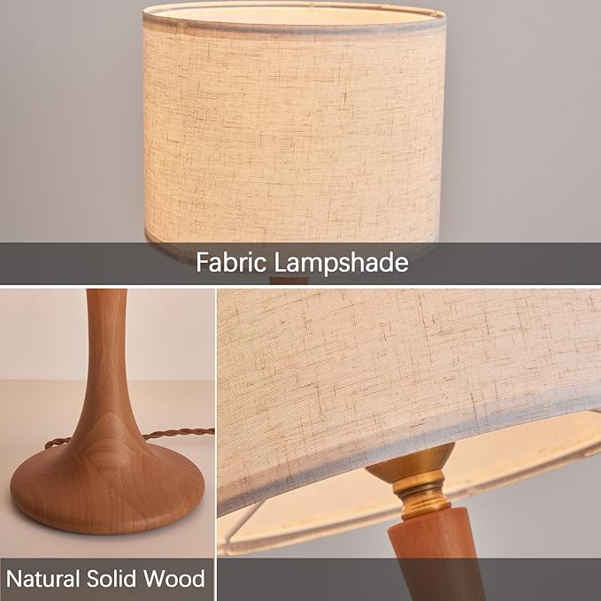 2 Pack Bedside Table Lamp for Bedroom, Nordic Plug in Fabric Shade & Solid Wood Base Desk Lamp, Plug & Play Red Wood Color Nightstand Lamp for Living Room, Office, Switch Power Cord【Bulb Not Included】