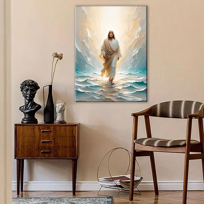 Jesus Walking On Water Canvas Wall Art Christian Bible Stories Wall Decor Picture Divine Light Modern Religious Poster Prints for Living Room Bedroom Church Home Decoration 12"x16"