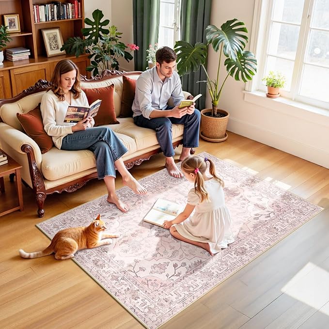 RELEANY Area Rugs 4'x6' Washable Non-Slip, Floral Vintage Distress Print Pattern Medallion Carpet for Living Room Bedroom Dining Room, Pink Greypink Cute