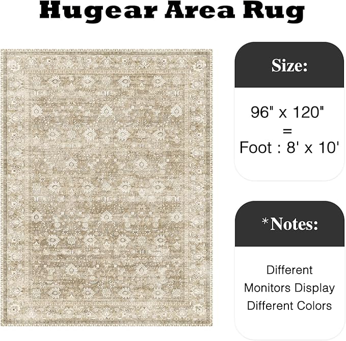 HUGEAR 8x10 Machine Washable Rugs Beige Hallway Large Area Rug Indoor Accent Rug Floral Low Pile Carpet Soft Throw Aesthetic Rug Bedroom Living Room Office Dining Room Kitchen Laundry Room