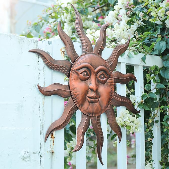 VCUTEKA 27" Sun Metal Wall Art Outdoor Decor Moon Wall Decoration Metal Wall Sculpture Hanging Garden Wall Art Wall Sculpture for Indoor Outdoor Patio Fence Decoration Brown