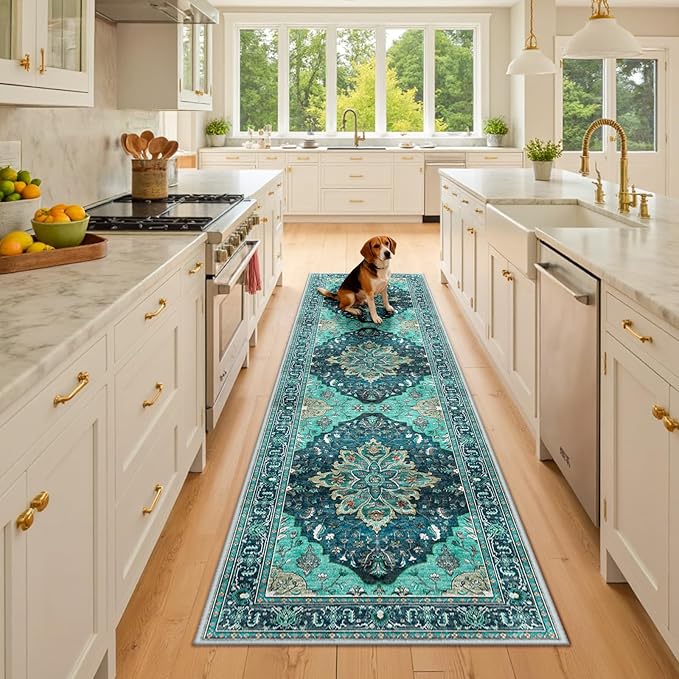 RELEANY Area Rugs 2'x8' Washable Non-Slip, Floral Vintage Distress Print Pattern Medallion Carpet for Living Room Bedroom Dining Room, Teal Green Lake Blue Turquoise