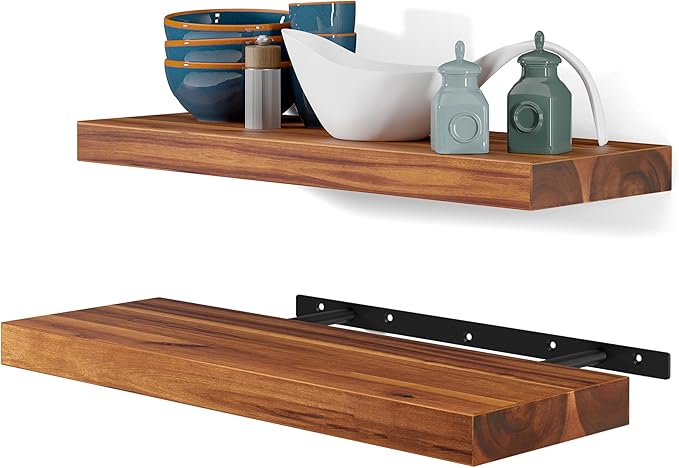 BATODA Set of 2 17" Acacia Wood Floating Shelves Wall Mounted – Rustic Farmhouse Wooden Wall Storage Shelf for Bedroom, Kitchen, Home Décor - Brackets and Shelving Mounting Hardware Included