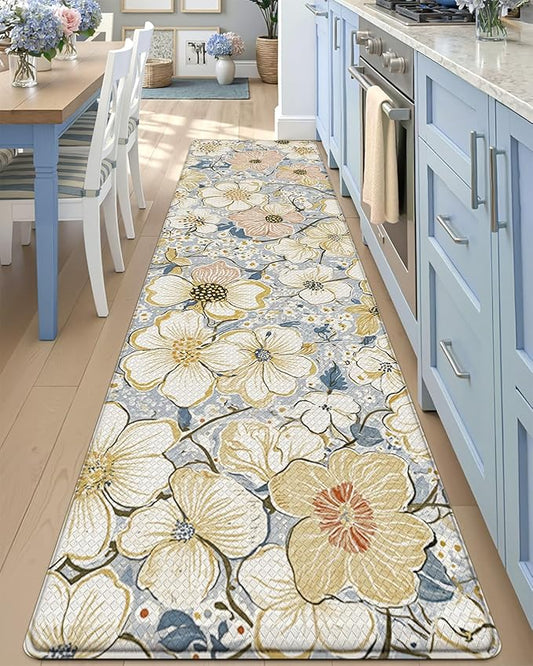 DEXI Kitchen Mats for Floor, 23x86, Cushioned Standing Mat Anti Fatigue, Wide Waterproof Comfort Floral Padded for Laundry Room Office, Blue and Yellow