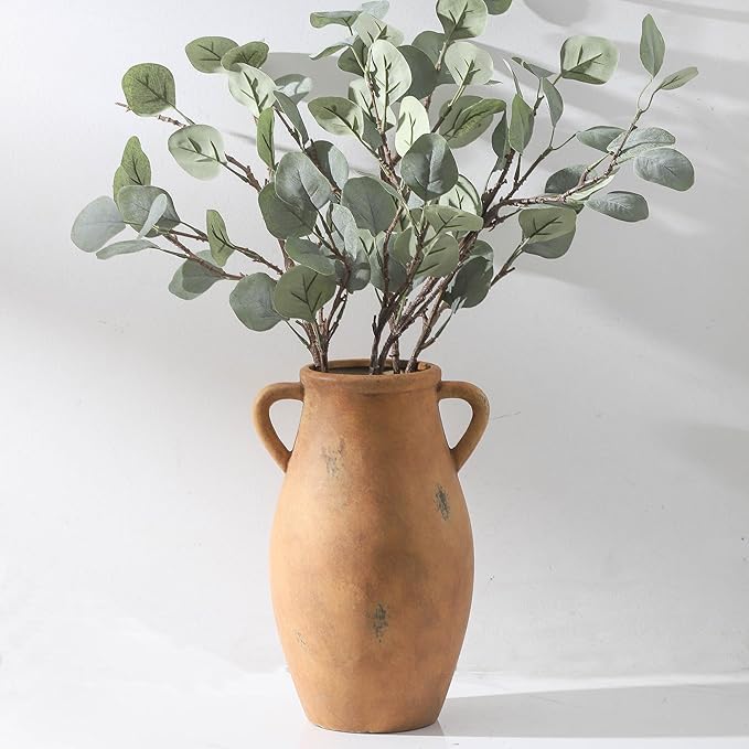Large Ceramic Flower Vase,11.3 inch Terracotta Vase with 2 Handles, Rustic Farmhouse Vases, Decorative Pottery Flower Vases for Home Decor, Living Room Shelf Decor, Table
