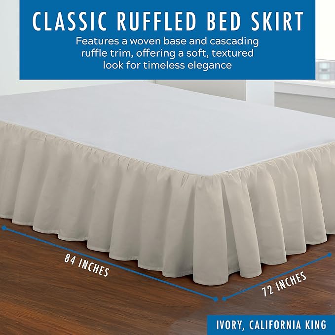 FRESH IDEAS Bedding Ruffled Bedskirt, Classic 14” Drop Length, Gathered Styling, California King, Ivory