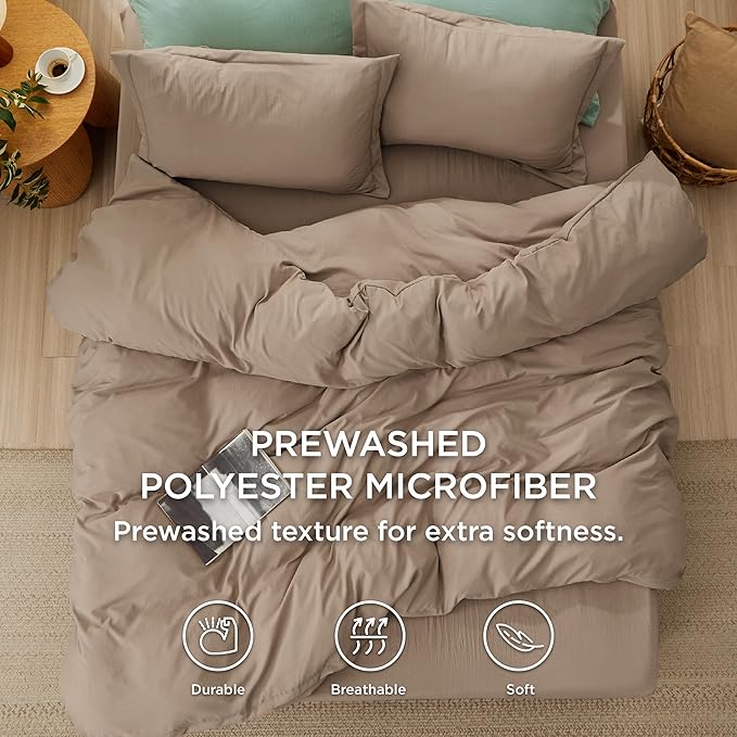 Bedsure Duvet Cover Full Size with Fitted Sheet - 4 Pieces Prewashed Cotton-Like Extra Soft Bedding Set, Includes 1 Duvet Cover 80x90 Inches, 2 Pillow Shams, 1 Fitted Sheet, Deep Beige