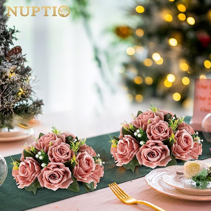 NUPTIO Artificial Flower Centrepieces for Tables - 2 Pcs Dusty Rose Fake Flowers Roses Balls 9.5in Diameter - Silk Faux Rose Arrangement for Wedding Party Centerpiece Table Decorations