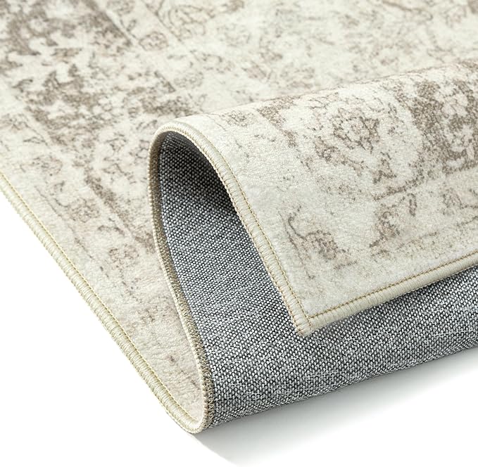 PureCozy 8x10 Area Rug Beige Washable Living Room Bedroom Carpet Vintage Distressed Large Non Slip Low Pile Thin Dining Room Office Medallion Accent Throw Rug