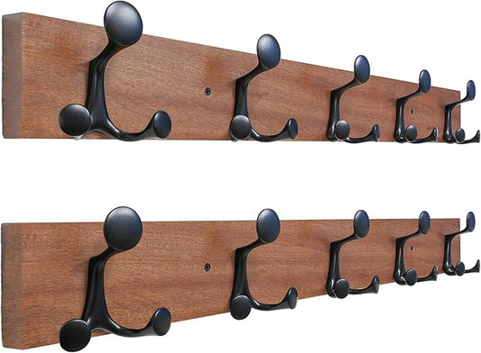 SKOLOO 30-Inch Wood Coat Rack Wall Mount with 5 Triple Hooks - Ideal for Family Entrances, Classrooms, and Pet Supplies Storage - Perfect Coat Hooks for Wall,Mahogany (Sapele), Pack of 2