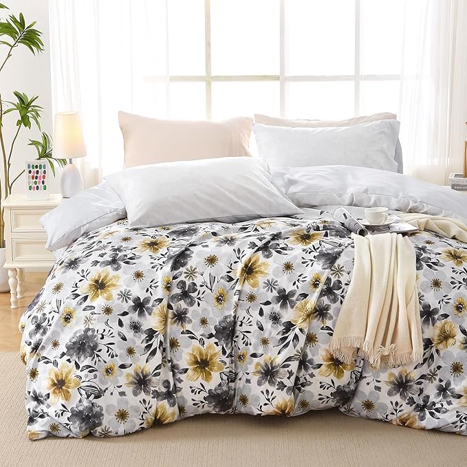 Duvet Cover King Size, Reversible Floral Vintage Duvet Cover Set with Zipper Closure, 3 Pieces Botanical Patterns Soft Microfiber Bedding Set (90"x104", 2 Pillow Cases 20"×36", Yellow Grey Flower)