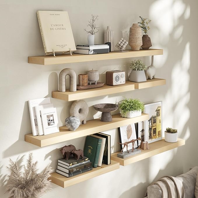 Marsmiles 36 Inch Floating Shelves | Unfinished Natural Wood Floating Shelves Set of 2 | 36" W x 7.7" D x 1.6" H Natural Wooden Wall Shelves for Living Room Bathroom Kitchen