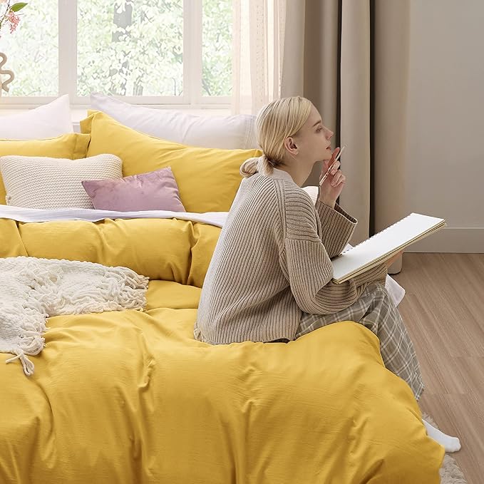 Bedsure Mustard Yellow Duvet Cover King Size - 3 Pieces Prewashed Cotton-Like Extra Soft Bedding Set, Includes 1 Duvet Cover 104x90 Inches with Zipper Closure & 2 Pillow Shams, Comforter Not Included