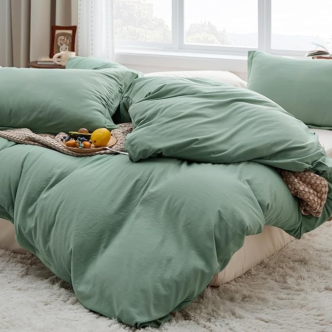 Bedsure Sage Green Duvet Cover Queen Size Only - Prewashed Cotton-Like Extra Soft All Season Bedding, Includes 1 Duvet Cover 90x90 Inches with Zipper Closure, Comforter Not Included