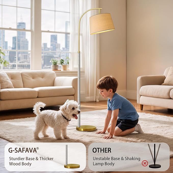 G-SAFAVA 63" Wood Floor Lamp for Living Room Dimmable Standing Lamp with Remote & Foot Switch, 3 Color Temperatures Tall Lamp Mid Century Modern Floor Lamp for Bedroom Office, 9W Bulb Included, White