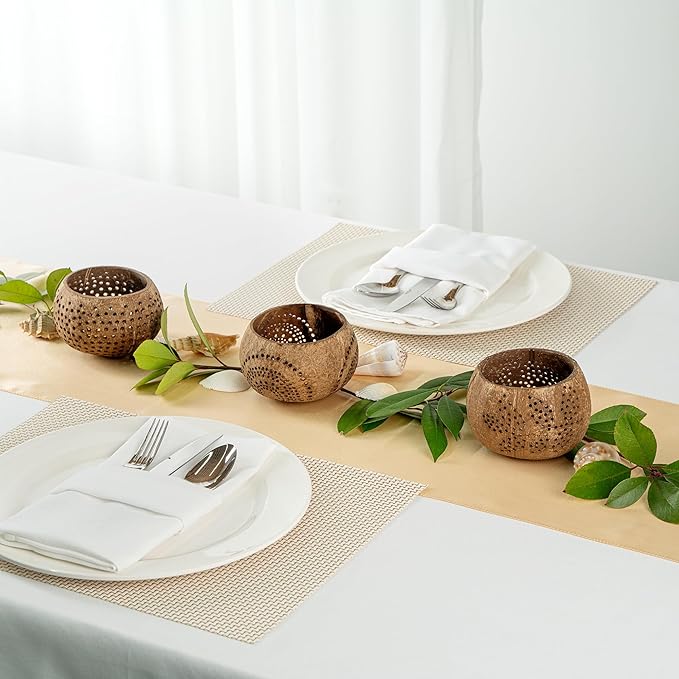 Restaurantware-Coco Casa 4 x 3.3 Inch Coconut Shell Candle Holders, 10 Reusable Tealight Holders - Candle Not Included, Rainbow Pattern, Tan Coconut Bowls For Candles, Handcrafted