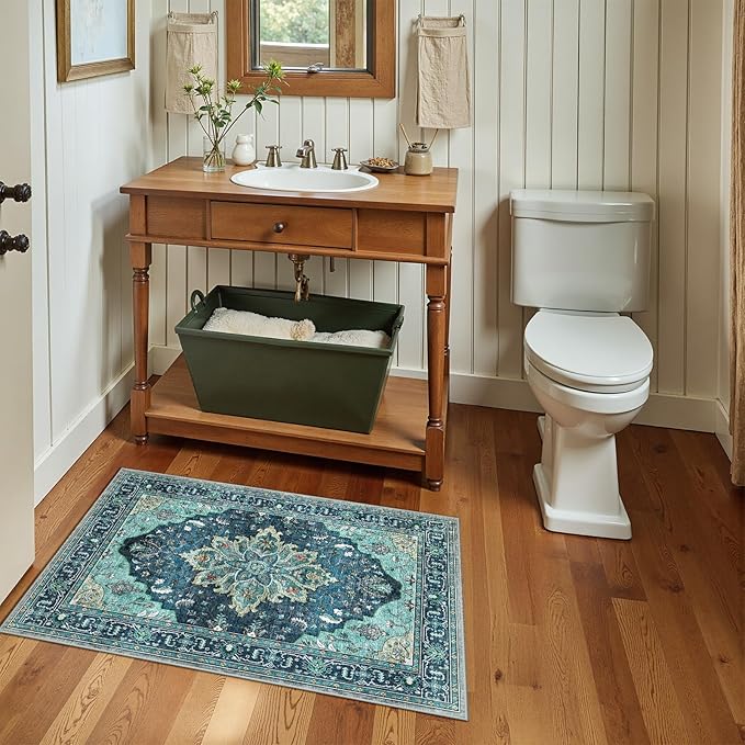 RELEANY Area Rugs 2'x3' Washable Non-Slip, Floral Vintage Distress Print Pattern Medallion Carpet for Living Room Bedroom Dining Room, Teal Green Lake Blue Turquoise