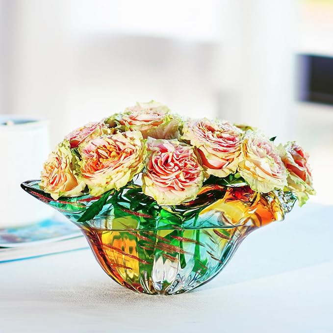 9inch Blown Glass Shell Vase,Handmade Seashell Potpourri Holder Art Glass Conch Seashell Figurine Collectibles Unique Conch Bowl for Home Decor Valentines Day Gift,Colorful