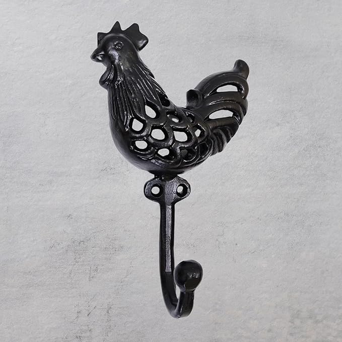 Set of 3 Cast Iron Rooster Shape Coat Hooks Wall Art Decor-Rooster Shape Hangers and Key Holder-Clothes Rack and Backpack Hanger-Coat Hooks Home Decor for Storage, Living Room, Hallway, Office