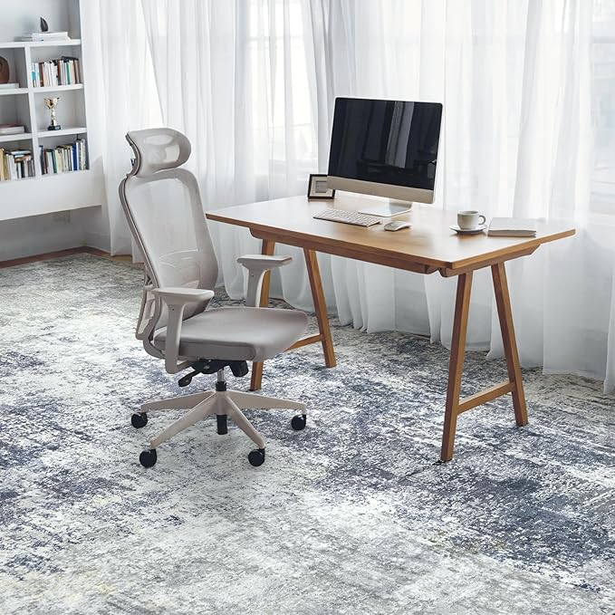 AREAMAY Washable Area Rug 5x7 - Neutral Modern Abstract Rugs, Soft Non Slip Thin Carpet with for Bedroom, Under Dining Room Table, Home, Office, Dorm, Office Rolling Chair - Indigo Gray