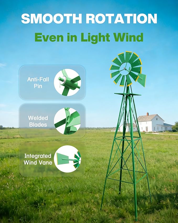 8FT Windmill for Yard Garden Decoration with Weather Vanes，Heavy Duty Outdoor Wind Mills, Large Metal Outdoor Windmill, Weather Resistant,Green
