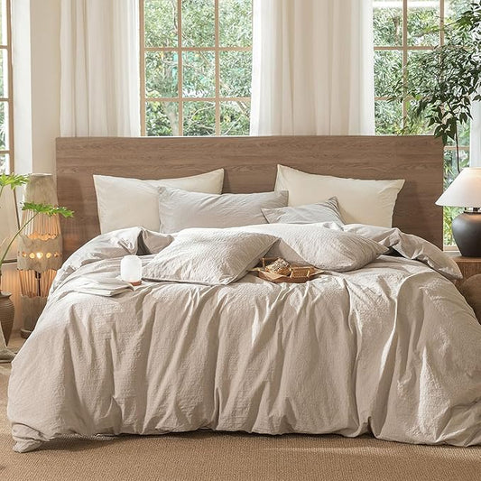 MooMee Wavy Striped Duvet Cover Set 100% Washed Cotton Linen Like Textured Breathable Durable Soft Comfy (Beige, Full 80"x90")