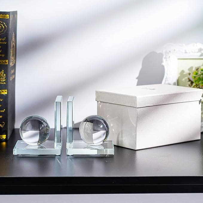 1 Pair Crystal Bookends with Crystal Ball Decorative Ornaments,L Shape Non-Skid Sturdy Book Ends for Heavy Books,Book Holder Stopper for Shelf Office Home (4inch,Clear)