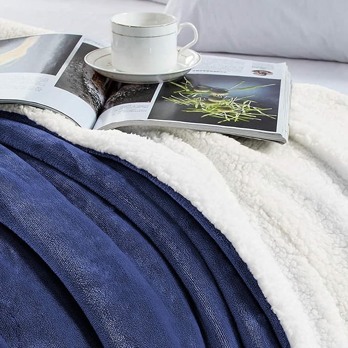 MOONLIGHT20015 Sherpa Fleece Twin Blanket - (Navy, 60X80 Inches) Warm and Fluffy Blankets for Winter - Reversible Thick and Cozy Twin Size Blankets for Bed, Camping and Travel