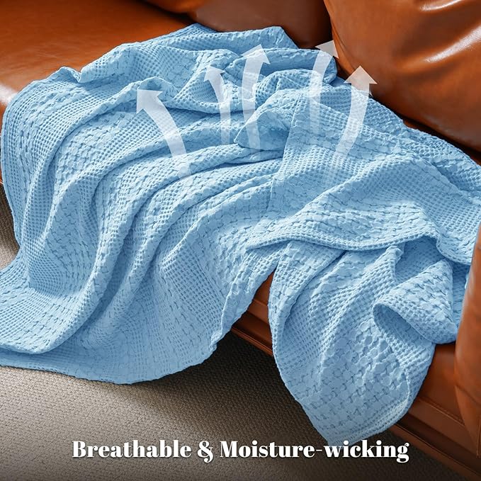 PHF 100% Cotton Waffle Weave Throw Blanket, Soft Lightweight Breathable Cozy Throws for Couch Bed Sofa, 300 GSM Luxury Aesthetic Blanket Gift for Home Decor & Office, 50"x60", Airy Blue