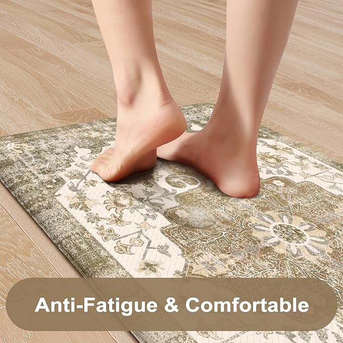 KIMODE Anti Fatigue Mats for Kitchen Floor 2 Piece, Boho Floral Kitchen Rugs Non Slip, Cushioned Kitchen Floor Mats, Comfort Standing Desk Mat for Sink, Laundry, Desk Khaki Multi 17"x47"+17"x29"