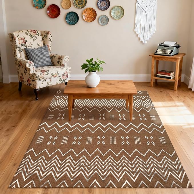 winolive Boho Rugs for Living Room,3x5 ft Braided Rug,Washable Faux Jute Rug for Bedroom,Cotton Soft Entryway Rugs,Floor Carpet with Rubber Backed,Non Slip,Brown/White