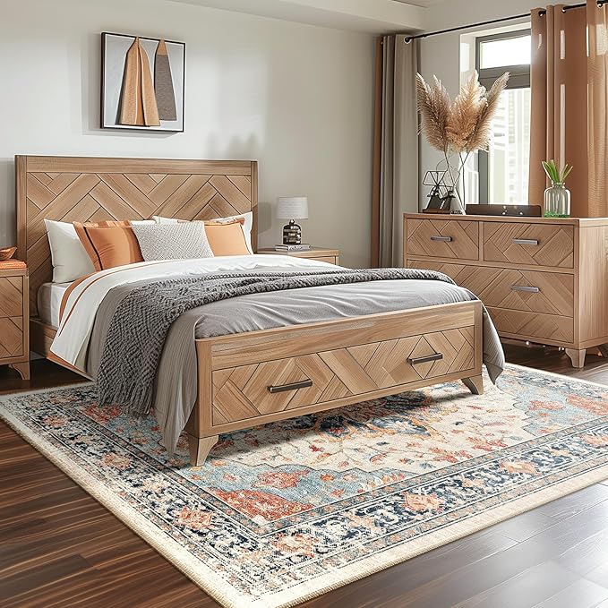 RELEANY Area Rugs Square 4ft Washable Non-Slip, Floral Vintage Distress Print Pattern Medallion Carpet for Living Room Bedroom Dining Room, Beige Navy Blue Orange Colorful