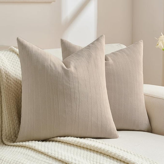 FUTEI Beige Chenille Decorative Throw Pillow Covers 20x20 Inch Set of 2,Soft Crushed Striped Texture Cushion Case,Modern Home Decor for Couch Bed Living Room